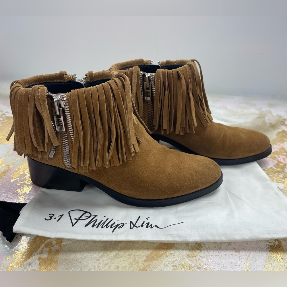 3.1 Phillip Lim Alexa Camel Brown Suede Fringe Trim Accent Western Boots 37/ 7